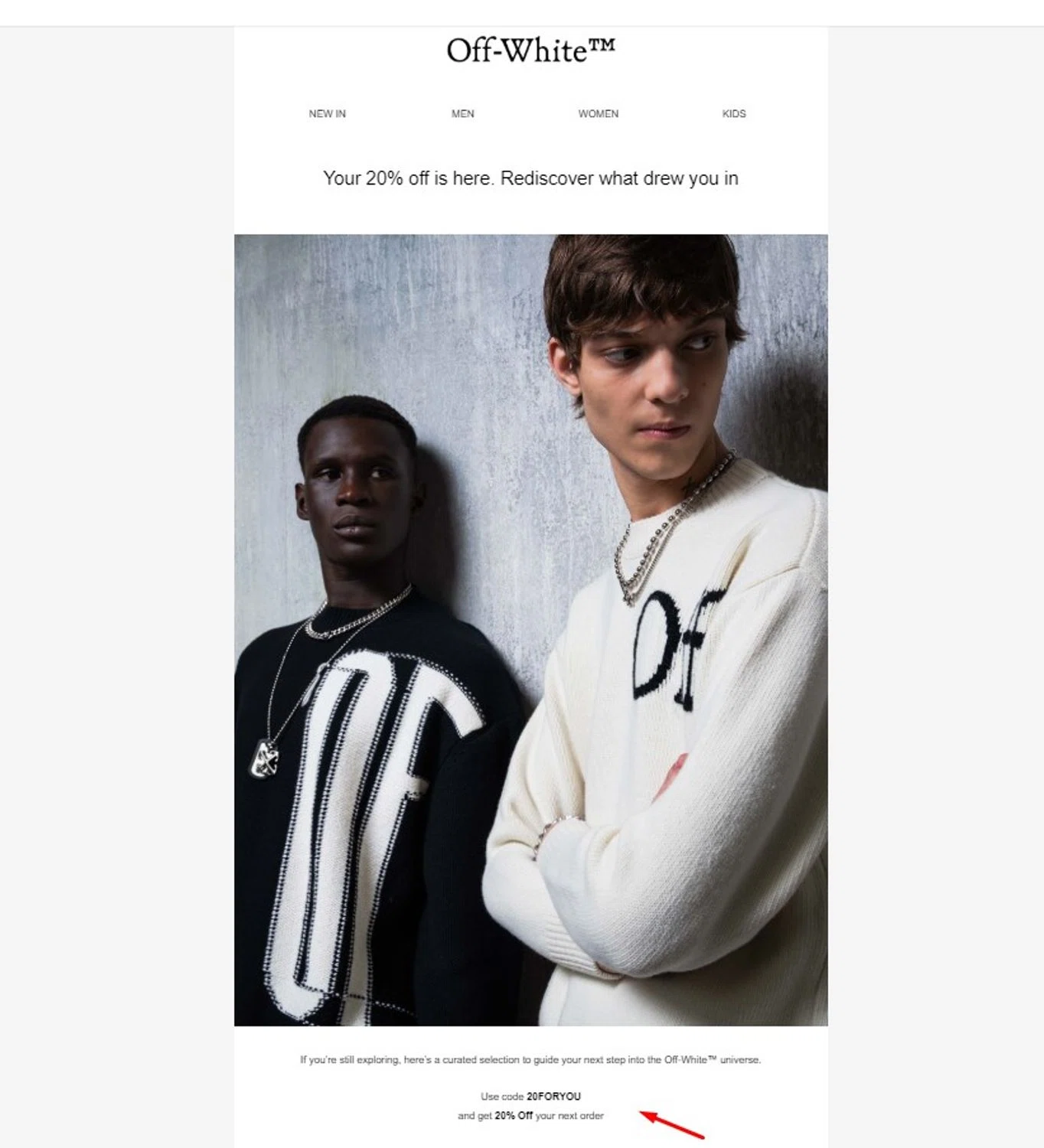 Off-White promo code screenshot showing code 20foryou applied at Off-White checkout page. Uploaded by SimplyCodes community member RoYoK88 on Feb 8, 2026