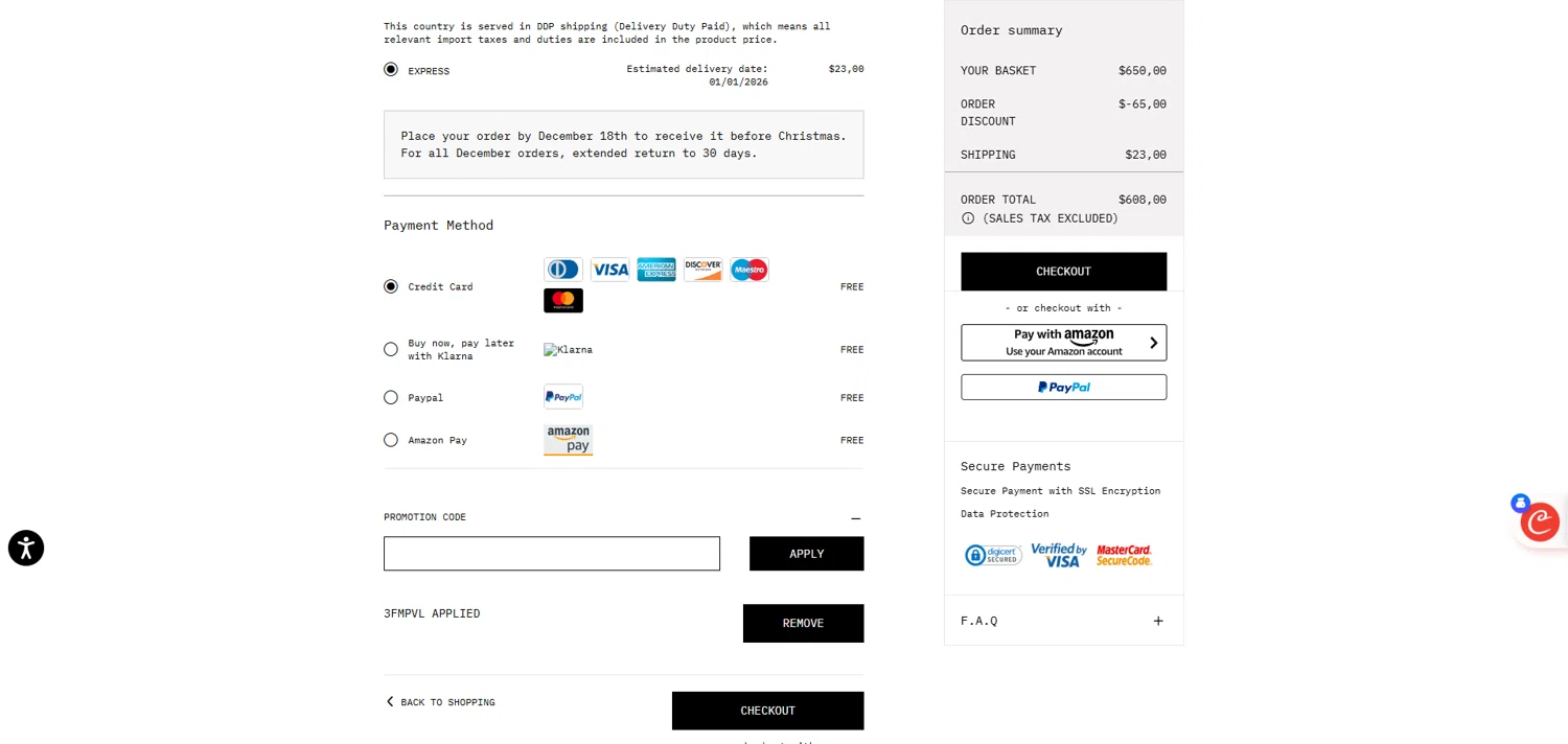 Off-White promo code screenshot showing code 3FMPVL applied at Off-White checkout page. Uploaded by SimplyCodes community member ivantorres on Dec 28, 2025