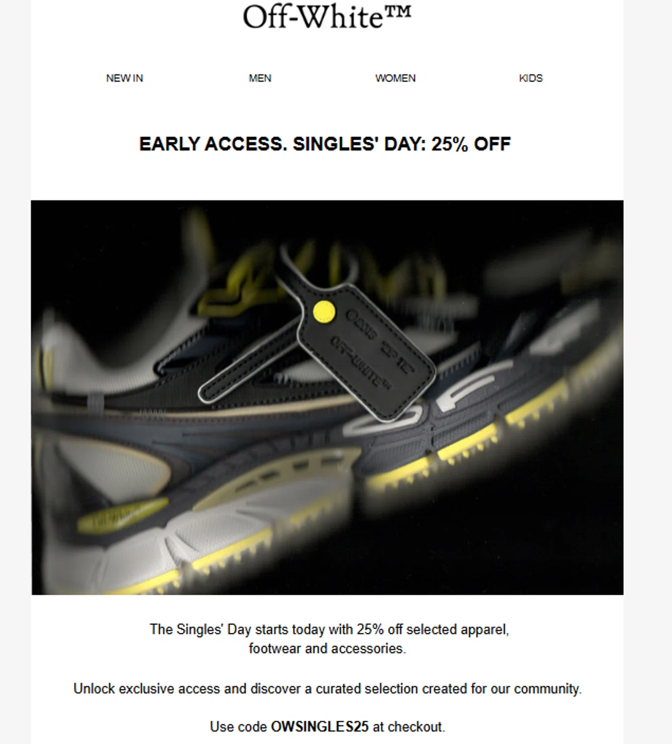 Off-White promo code screenshot showing code OWSINGLES25 applied at Off-White checkout page. Uploaded by SimplyCodes community member jesspea on Oct 30, 2025