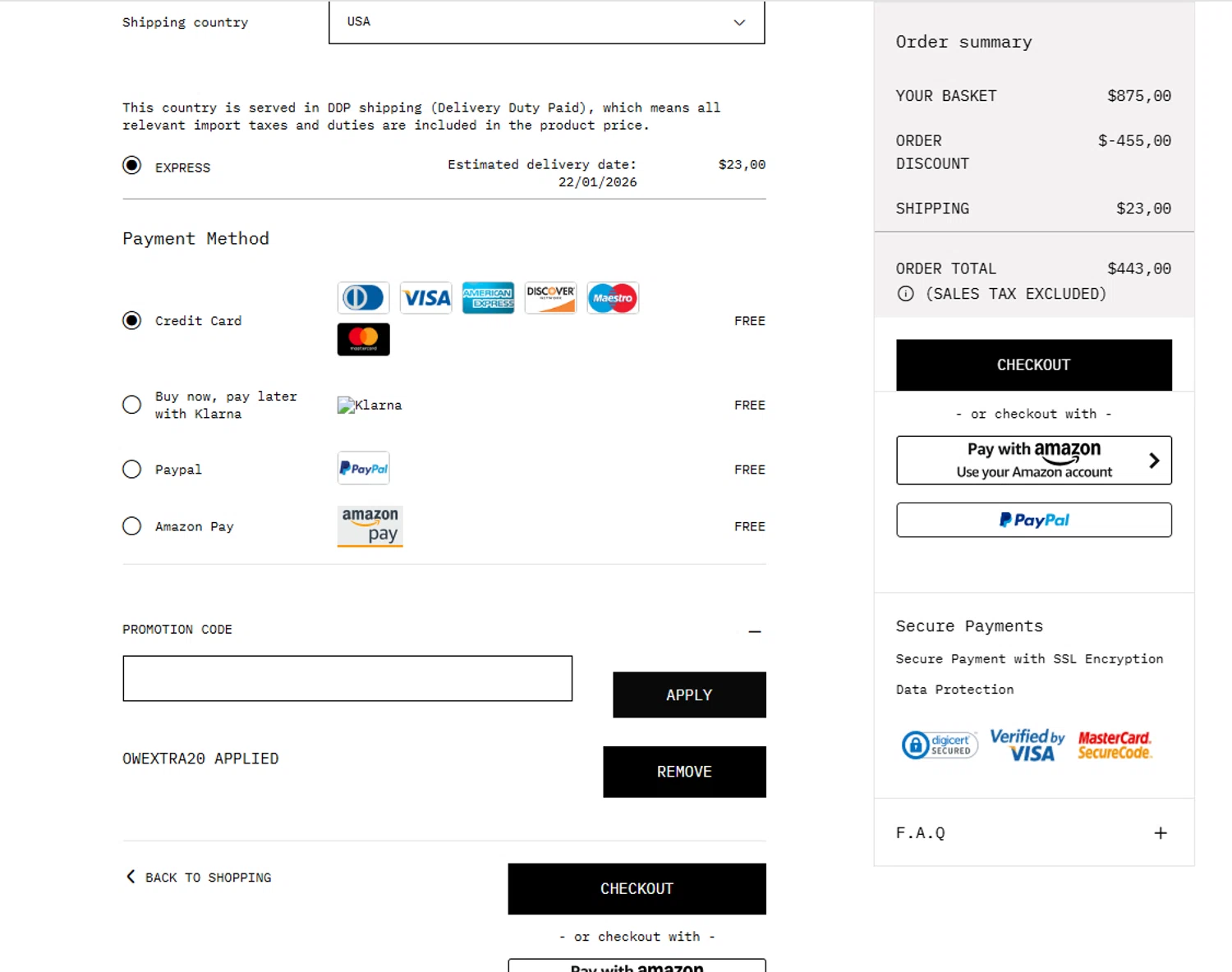 Off-White promo code screenshot showing code OWEXTRA20 applied at Off-White checkout page. Uploaded by SimplyCodes community member valeriaantonieta on Jan 17, 2026