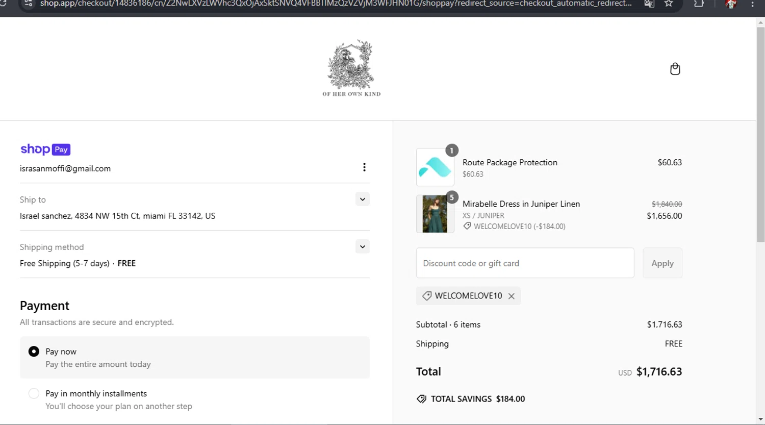 Of Her Own Kind promo code screenshot showing code WELCOMELOVE10 applied at Of Her Own Kind checkout page. Uploaded by SimplyCodes community member arimakouse on Feb 10, 2025