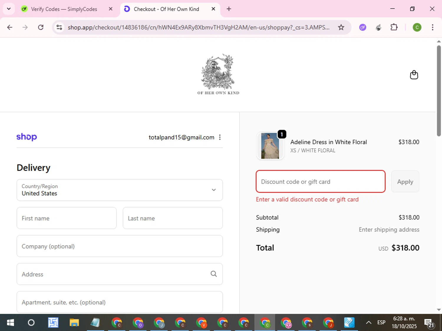 Of Her Own Kind promo code screenshot showing code DRESSLOVE30 applied at Of Her Own Kind checkout page. Uploaded by SimplyCodes community member RoyalKnight4673 on Oct 18, 2025