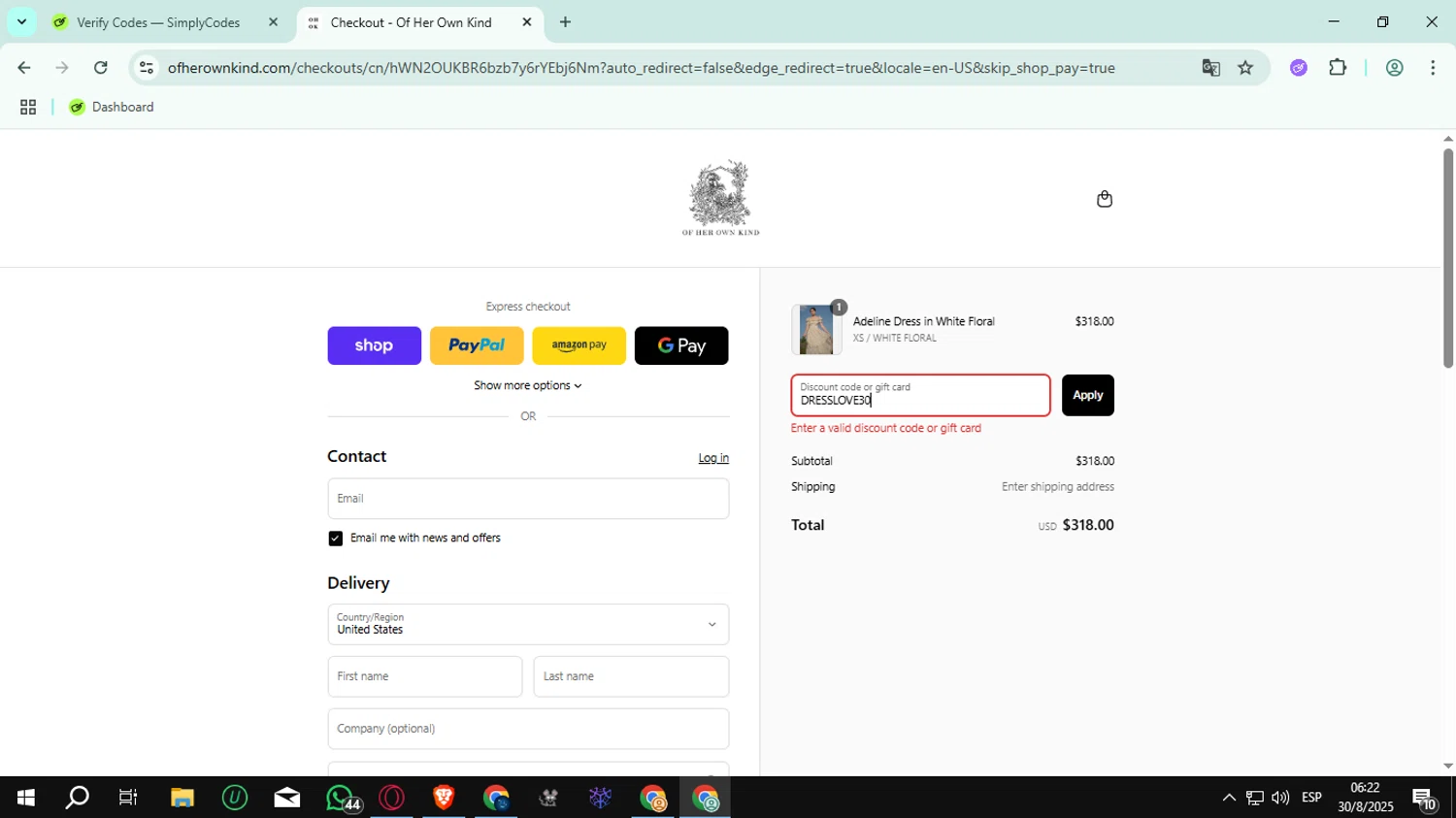 Of Her Own Kind promo code screenshot showing code DRESSLOVE30 applied at Of Her Own Kind checkout page. Uploaded by SimplyCodes community member rauzzzz on Aug 30, 2025