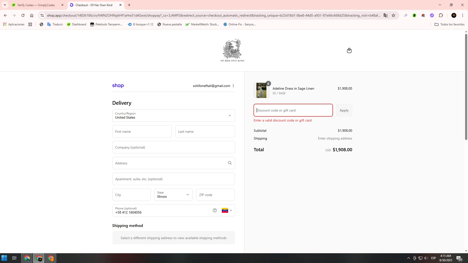 Of Her Own Kind promo code screenshot showing code DRESSLOVE10 applied at Of Her Own Kind checkout page. Uploaded by SimplyCodes community member Alkelino74 on Aug 30, 2025