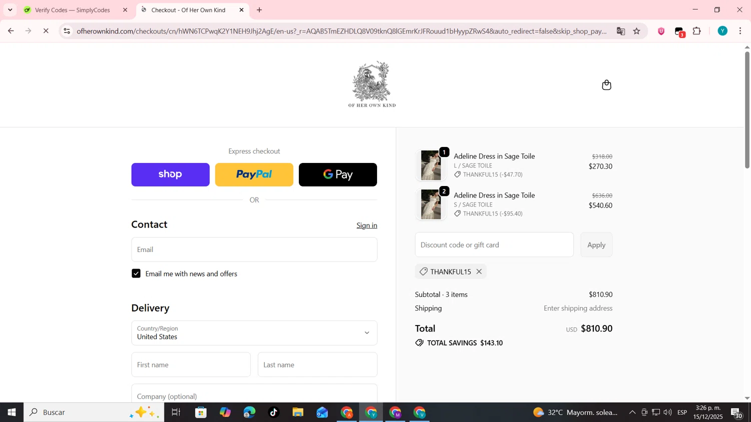 Of Her Own Kind promo code screenshot showing code Thankful15 applied at Of Her Own Kind checkout page. Uploaded by SimplyCodes community member codygakpo on Dec 15, 2025