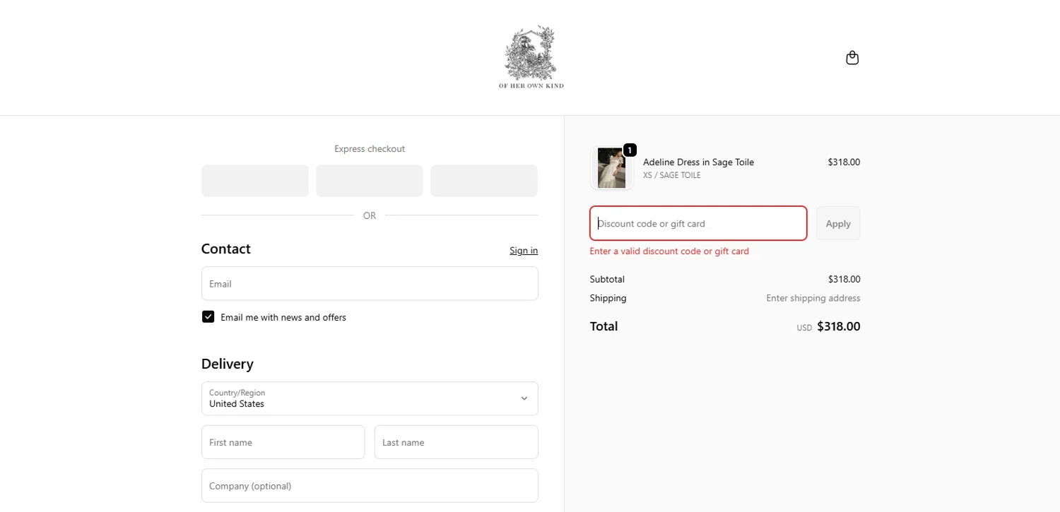 Of Her Own Kind promo code screenshot showing code FRIENDS20 applied at Of Her Own Kind checkout page. Uploaded by SimplyCodes community member TOTONEROFL on Dec 4, 2025