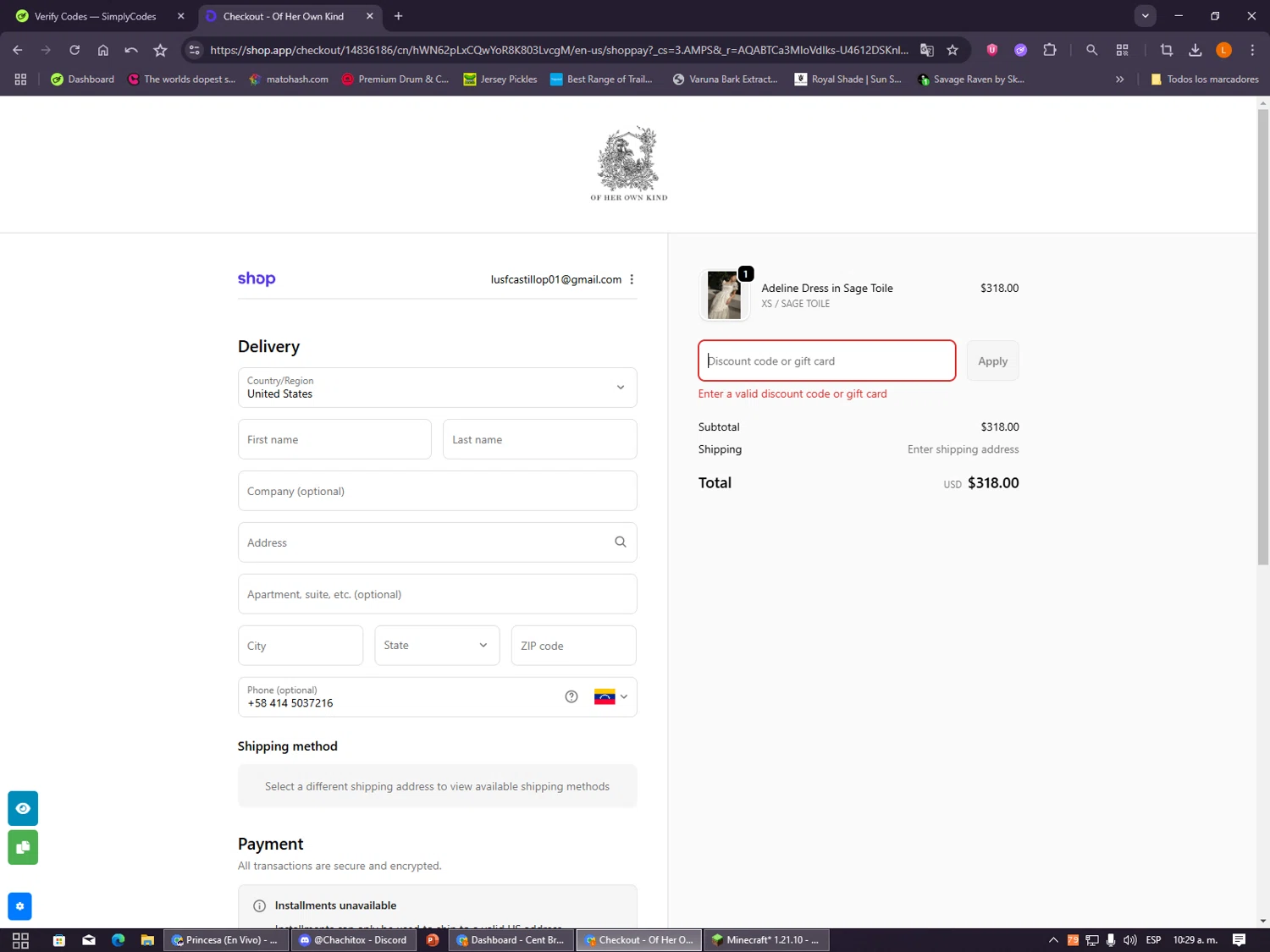 Of Her Own Kind promo code screenshot showing code FRIENDS20 applied at Of Her Own Kind checkout page. Uploaded by SimplyCodes community member VayneChambeadora on Dec 4, 2025
