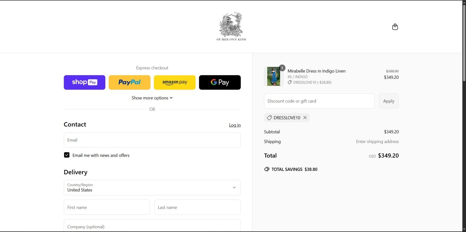 Of Her Own Kind promo code screenshot showing code DRESSLOVE10 applied at Of Her Own Kind checkout page. Uploaded by SimplyCodes community member Depressive on Jun 20, 2025