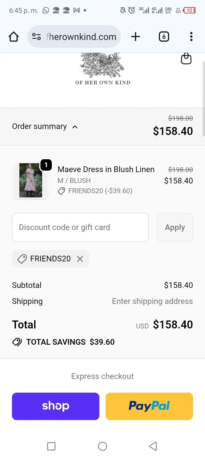 Of Her Own Kind promo code screenshot showing code FRIENDS20 applied at Of Her Own Kind checkout page. Uploaded by SimplyCodes community member frankrivero on Nov 15, 2025
