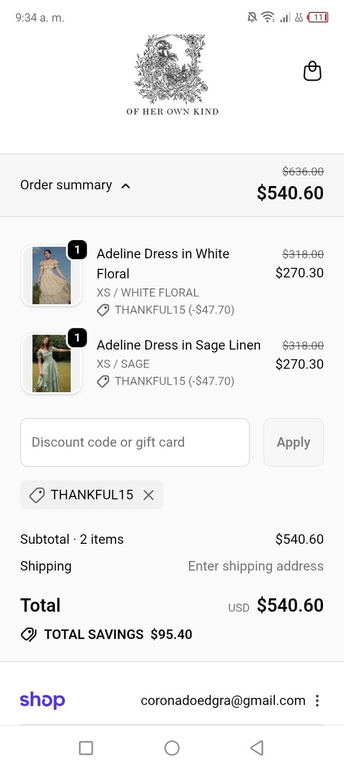 Of Her Own Kind promo code screenshot showing code Thankful15 applied at Of Her Own Kind checkout page. Uploaded by SimplyCodes community member tumiedo on Nov 13, 2025