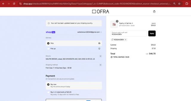 Ofra Cosmetics checkout page showing Ofra Cosmetics discount code box | Screenshot taken by SimplyCodes community member on Aug 14, 2025