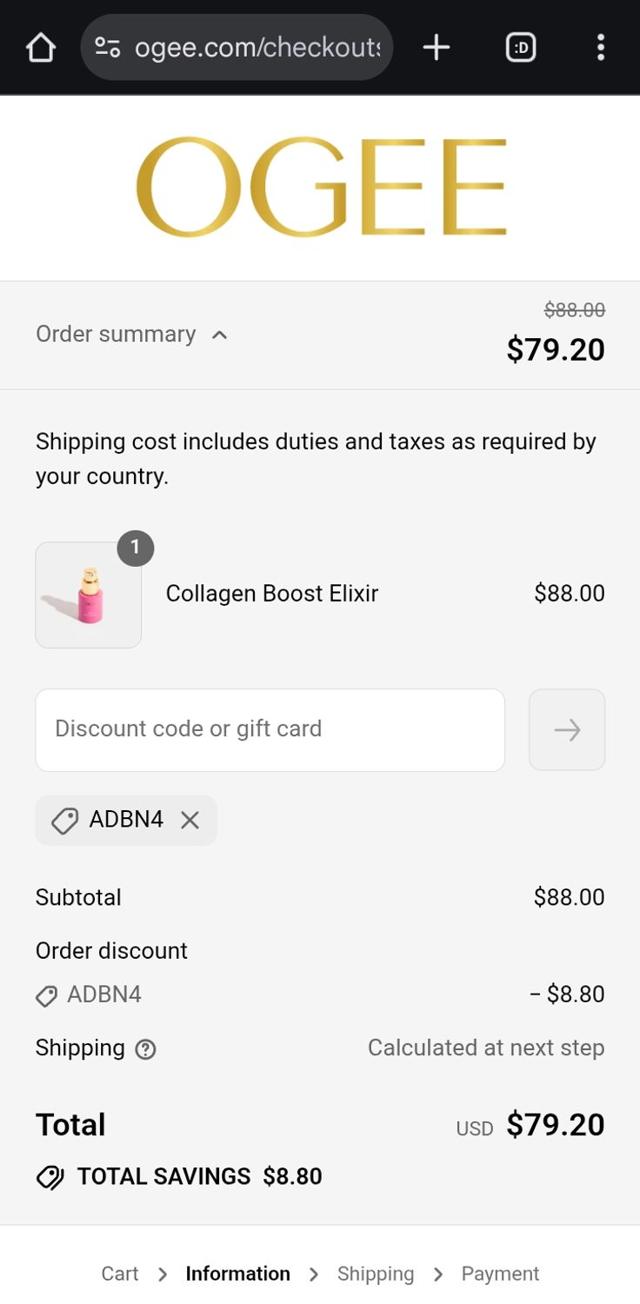 Ogee checkout page showing Ogee discount code box | Screenshot taken by SimplyCodes community member on Sep 15, 2025