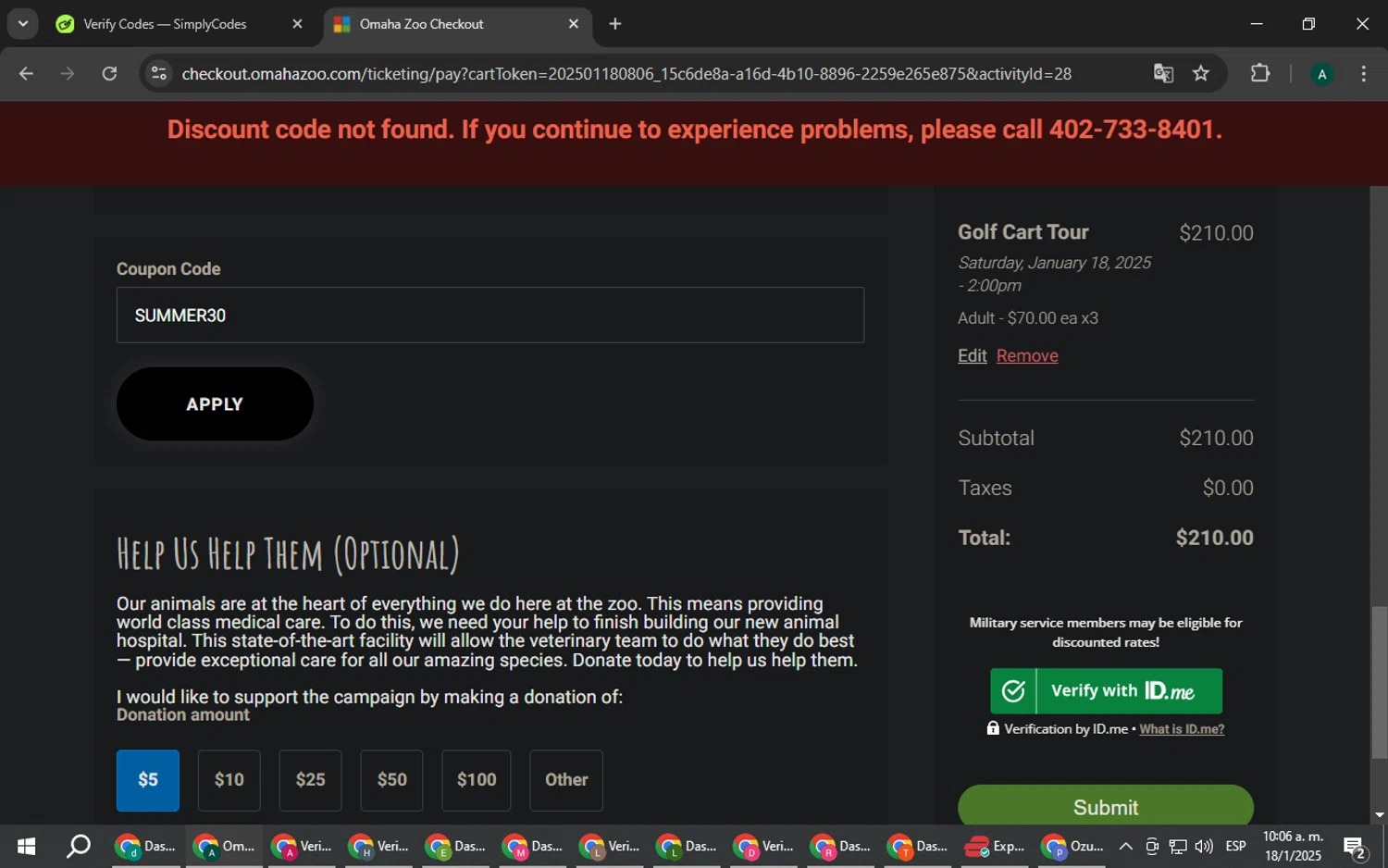 Omaha's Henry Doorly Zoo and Aquarium promo code screenshot showing code SUMMER30 applied at Omaha's Henry Doorly Zoo and Aquarium checkout page. Uploaded by SimplyCodes community member HAOJIN on Jan 18, 2025