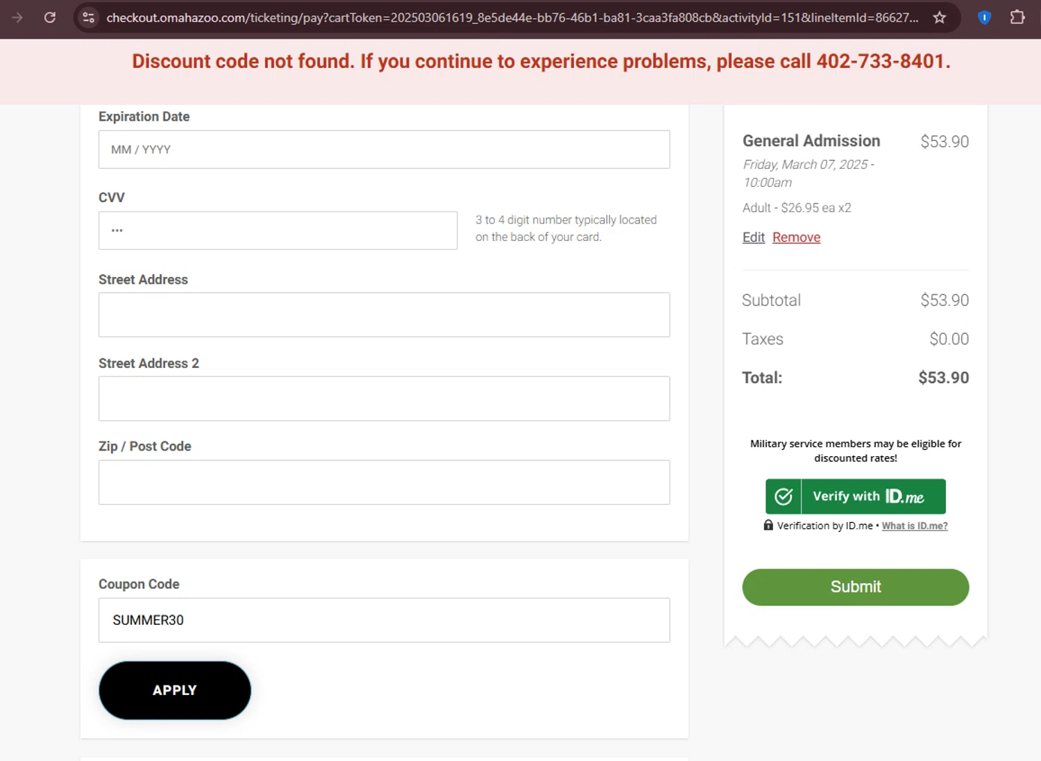 Omaha's Henry Doorly Zoo and Aquarium promo code screenshot showing code SUMMER30 applied at Omaha's Henry Doorly Zoo and Aquarium checkout page. Uploaded by SimplyCodes community member DiscountEagle6247 on Mar 6, 2025