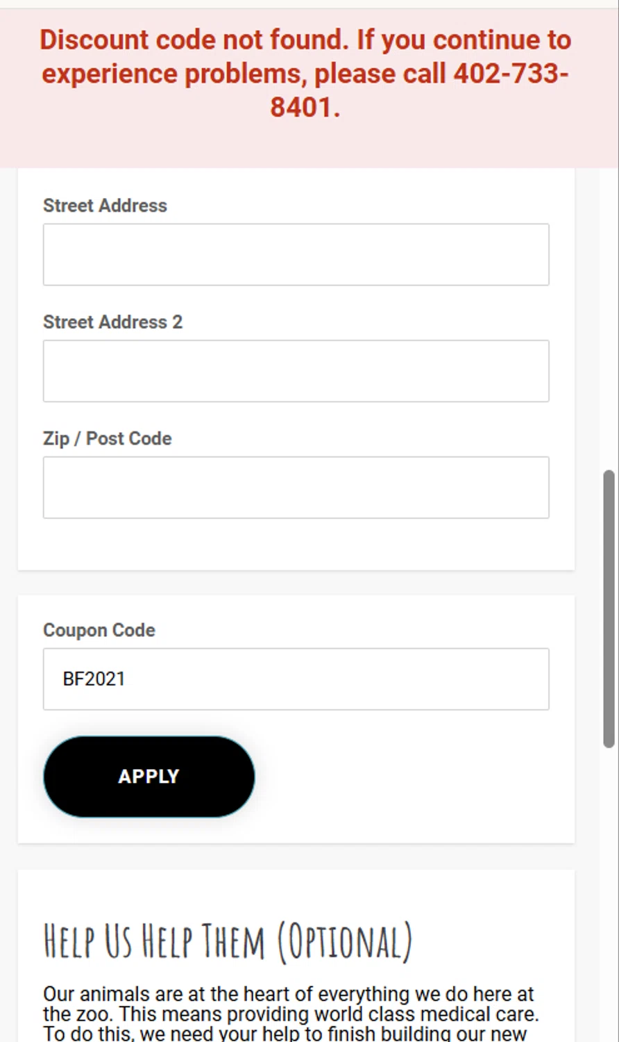Omaha's Henry Doorly Zoo and Aquarium promo code screenshot showing code BF2021 applied at Omaha's Henry Doorly Zoo and Aquarium checkout page. Uploaded by SimplyCodes community member QuestSentinel5438 on Mar 26, 2025
