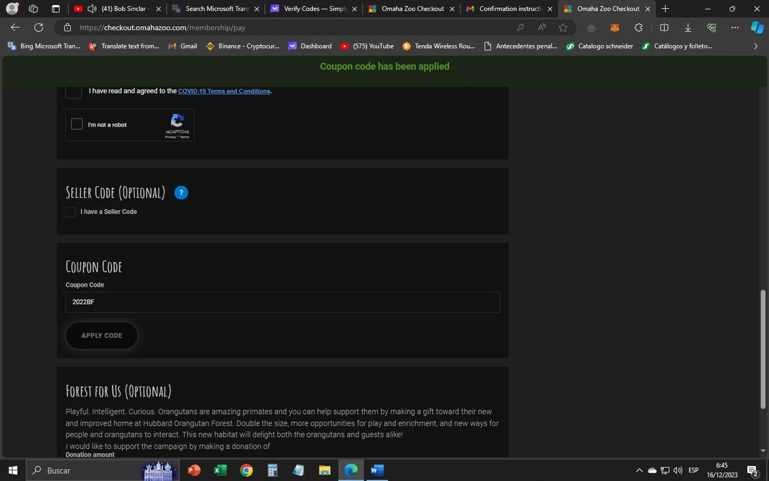 Omaha's Henry Doorly Zoo and Aquarium checkout page showing Omaha's Henry Doorly Zoo and Aquarium promo code box | Screenshot taken by SimplyCodes community member on Dec 16, 2023