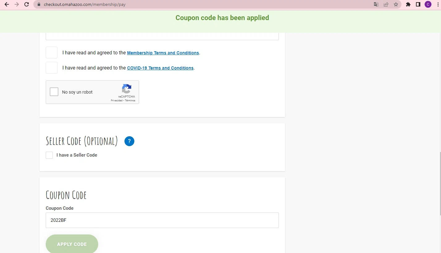 Omaha's Henry Doorly Zoo and Aquarium checkout page showing Omaha's Henry Doorly Zoo and Aquarium promo code box | Screenshot taken by SimplyCodes community member on Jul 21, 2023