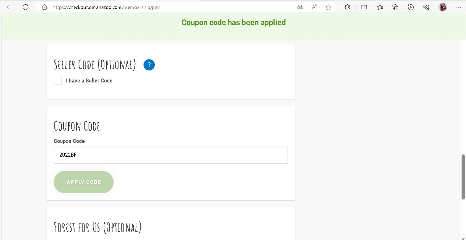 Omaha's Henry Doorly Zoo and Aquarium checkout page showing Omaha's Henry Doorly Zoo and Aquarium promo code box | Screenshot taken by SimplyCodes community member on Oct 8, 2023