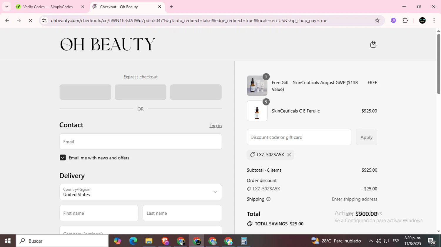 Oh Beauty discount code screenshot showing code LXZ-50ZSA5X applied at Oh Beauty checkout page. Uploaded by SimplyCodes community member BargainWizard5755 on Aug 12, 2025