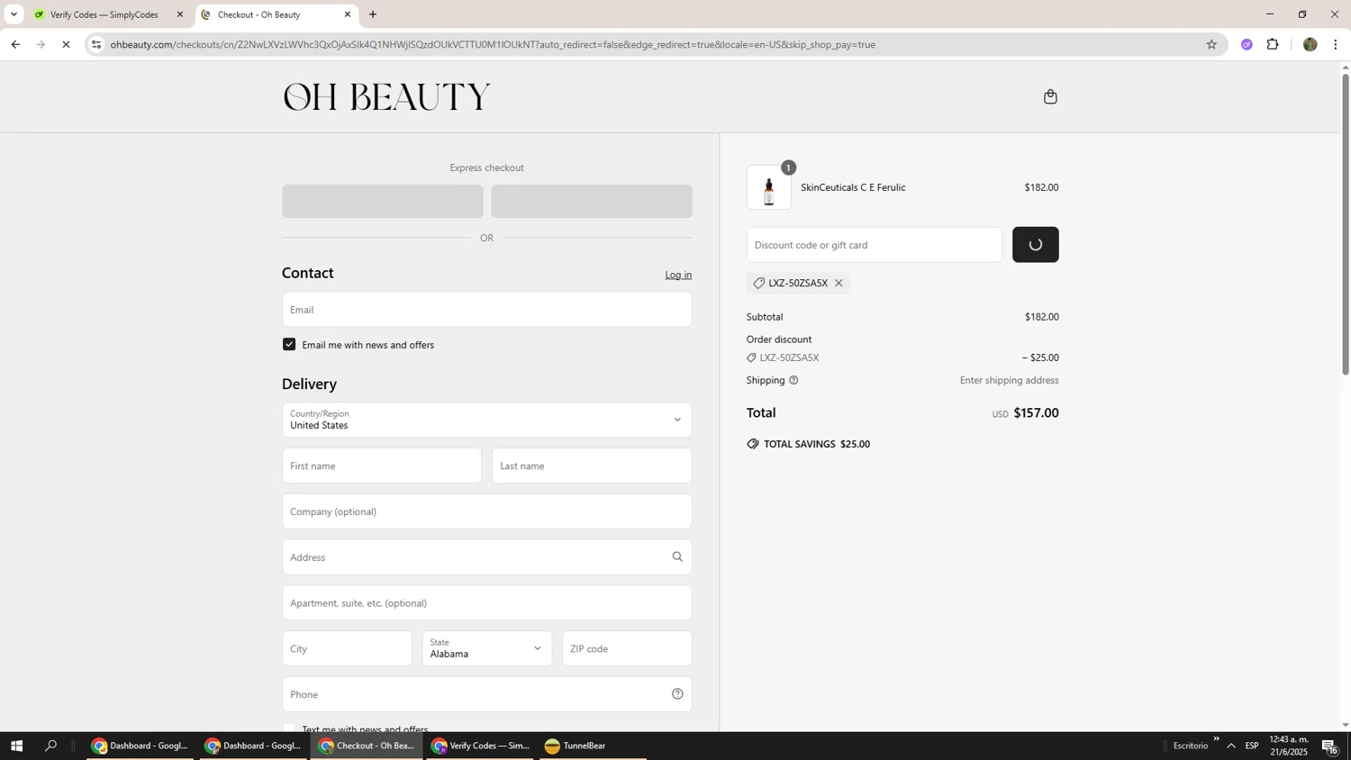 Oh Beauty discount code screenshot showing code LXZ-50ZSA5X applied at Oh Beauty checkout page. Uploaded by SimplyCodes community member Phoenix585 on Jun 21, 2025