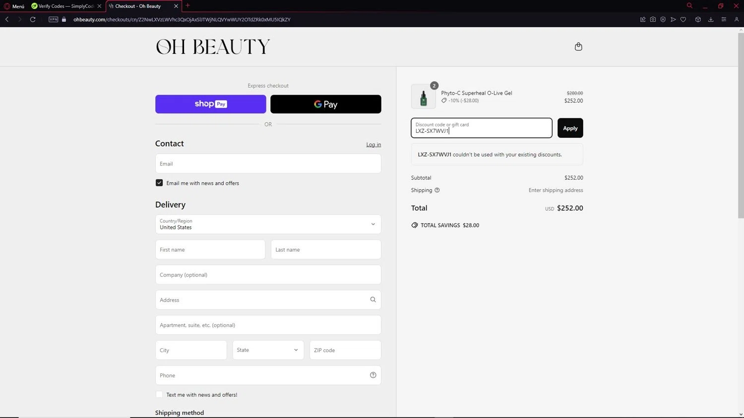 Oh Beauty discount code screenshot showing code LXZ-SX7WVJ1 applied at Oh Beauty checkout page. Uploaded by SimplyCodes community member DEMON9 on Apr 14, 2025