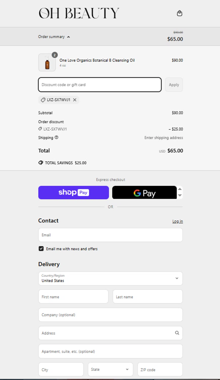 Oh Beauty discount code screenshot showing code LXZ-SX7WVJ1 applied at Oh Beauty checkout page. Uploaded by SimplyCodes community member alejandroadrianza on Apr 14, 2025