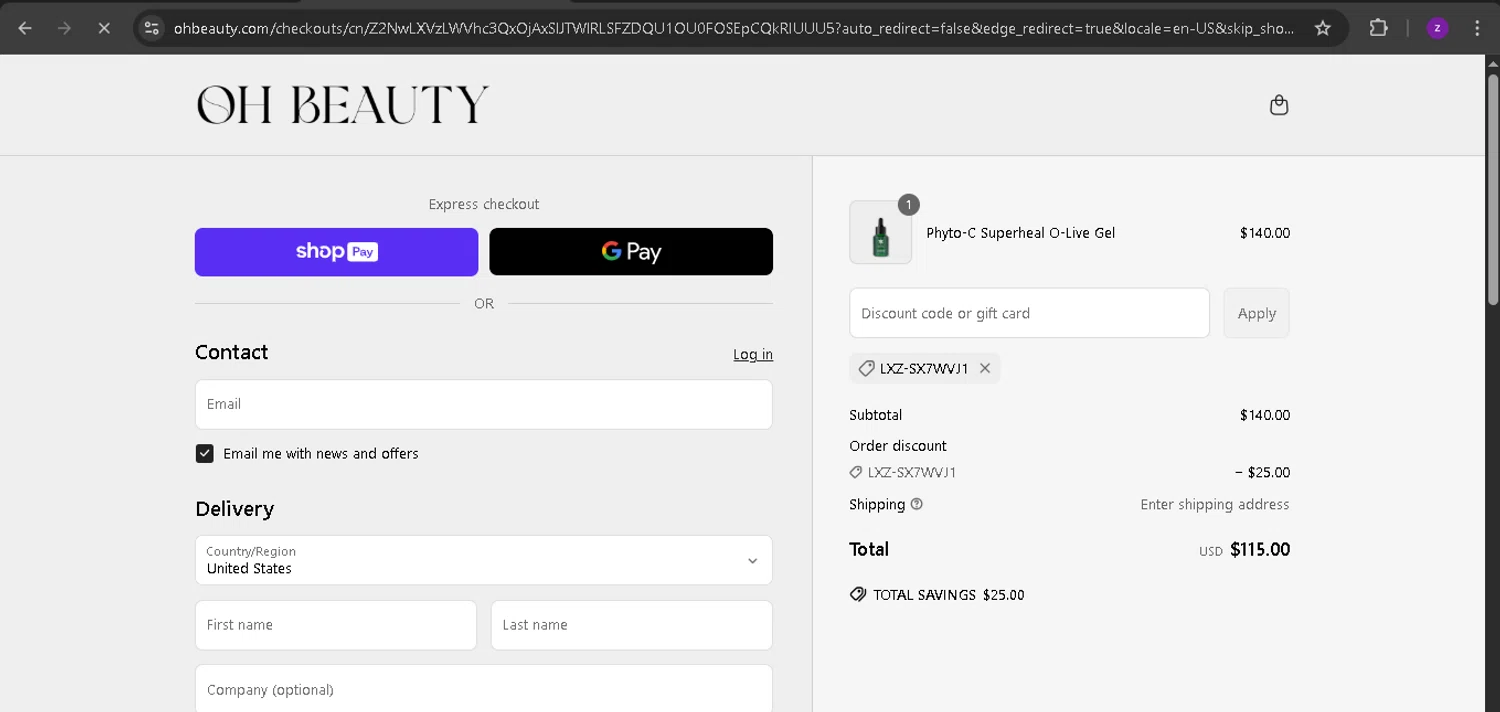 Oh Beauty discount code screenshot showing code LXZ-SX7WVJ1 applied at Oh Beauty checkout page. Uploaded by SimplyCodes community member BonusPro7395 on Apr 14, 2025