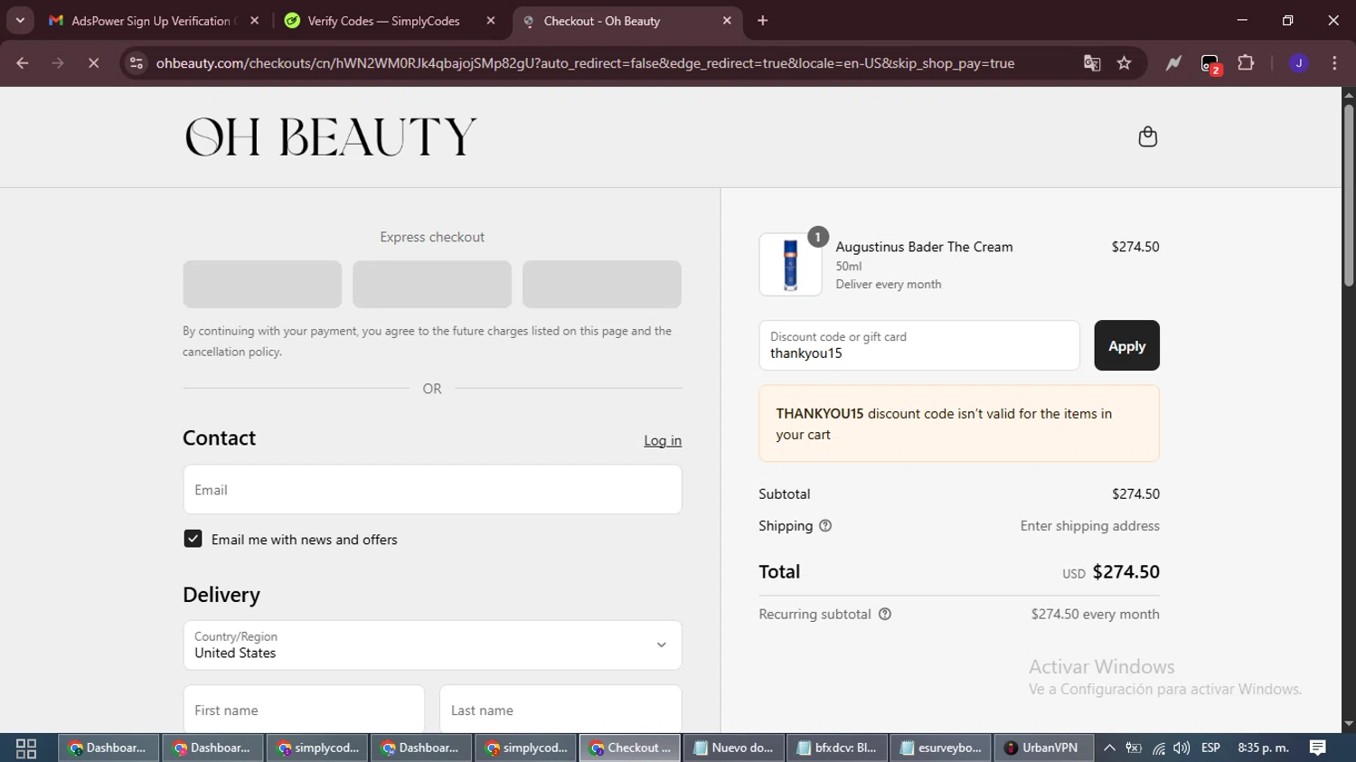 Oh Beauty discount code screenshot showing code thankyou15 applied at Oh Beauty checkout page. Uploaded by SimplyCodes community member LegendaryLegend9872 on Sep 2, 2025