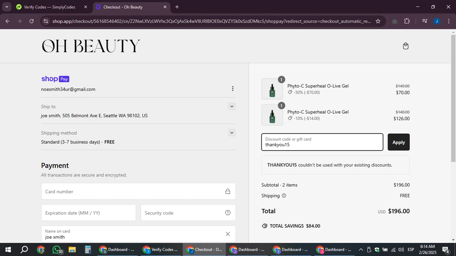 Oh Beauty discount code screenshot showing code thankyou15 applied at Oh Beauty checkout page. Uploaded by SimplyCodes community member noesmith34ur on Feb 26, 2025