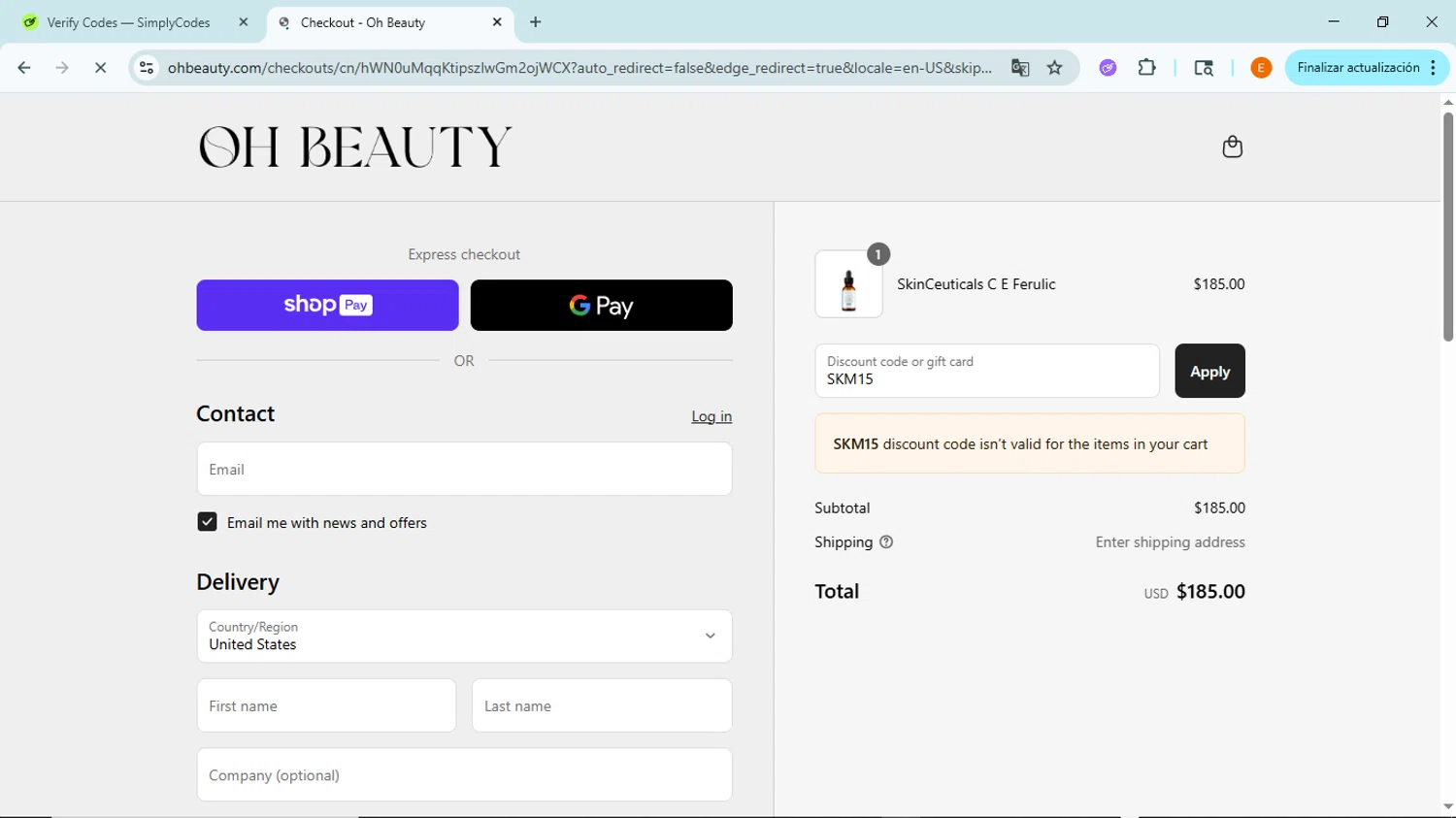 Oh Beauty discount code screenshot showing code SKM15 applied at Oh Beauty checkout page. Uploaded by SimplyCodes community member BudgetFox5491 on Jul 22, 2025