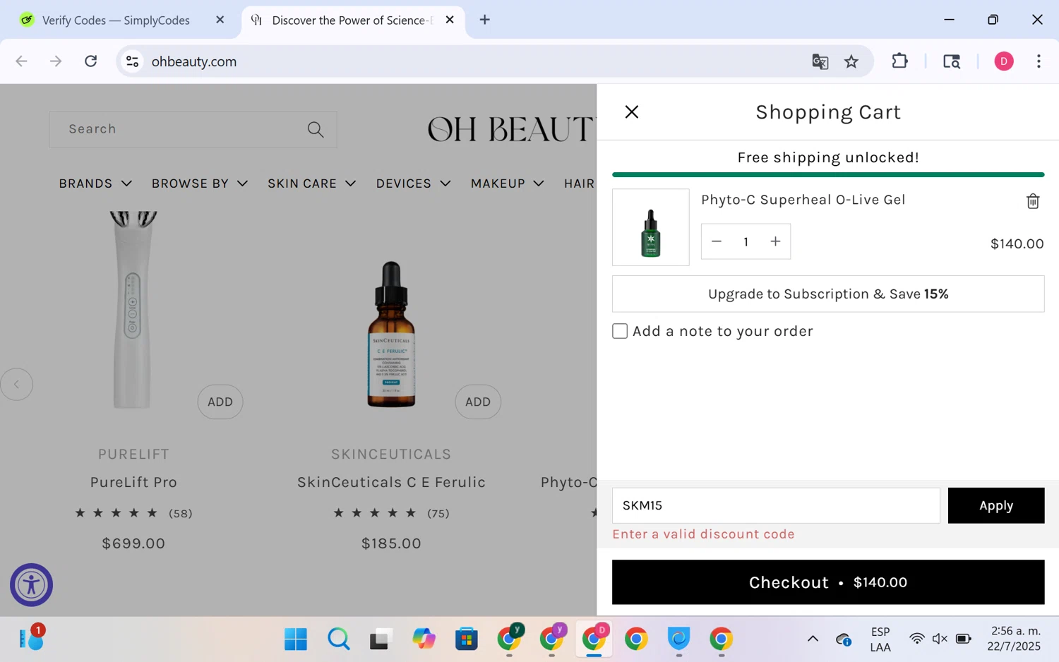 Oh Beauty discount code screenshot showing code SKM15 applied at Oh Beauty checkout page. Uploaded by SimplyCodes community member LuckyHero4650 on Jul 22, 2025