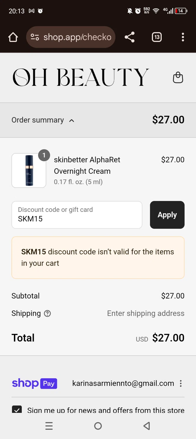 Oh Beauty discount code screenshot showing code SKM15 applied at Oh Beauty checkout page. Uploaded by SimplyCodes community member Olivatle on Aug 12, 2025