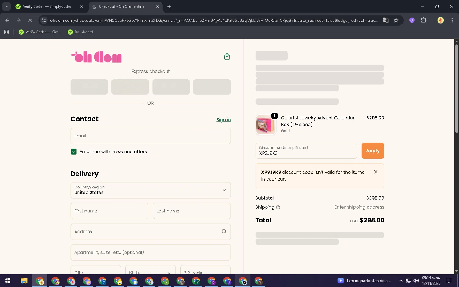 Oh Clementine discount code screenshot showing code XP3J9K3 applied at Oh Clementine checkout page. Uploaded by SimplyCodes community member NobleCurator2111 on Nov 12, 2025