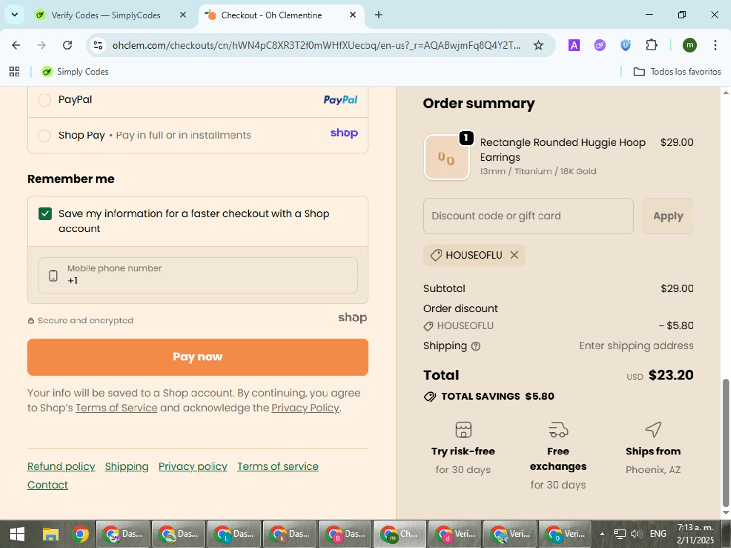 Oh Clementine discount code screenshot showing code houseoflu applied at Oh Clementine checkout page. Uploaded by SimplyCodes community member VoucherCollector9196 on Nov 2, 2025