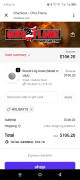 HOLIDAY15 coupon verification screenshot