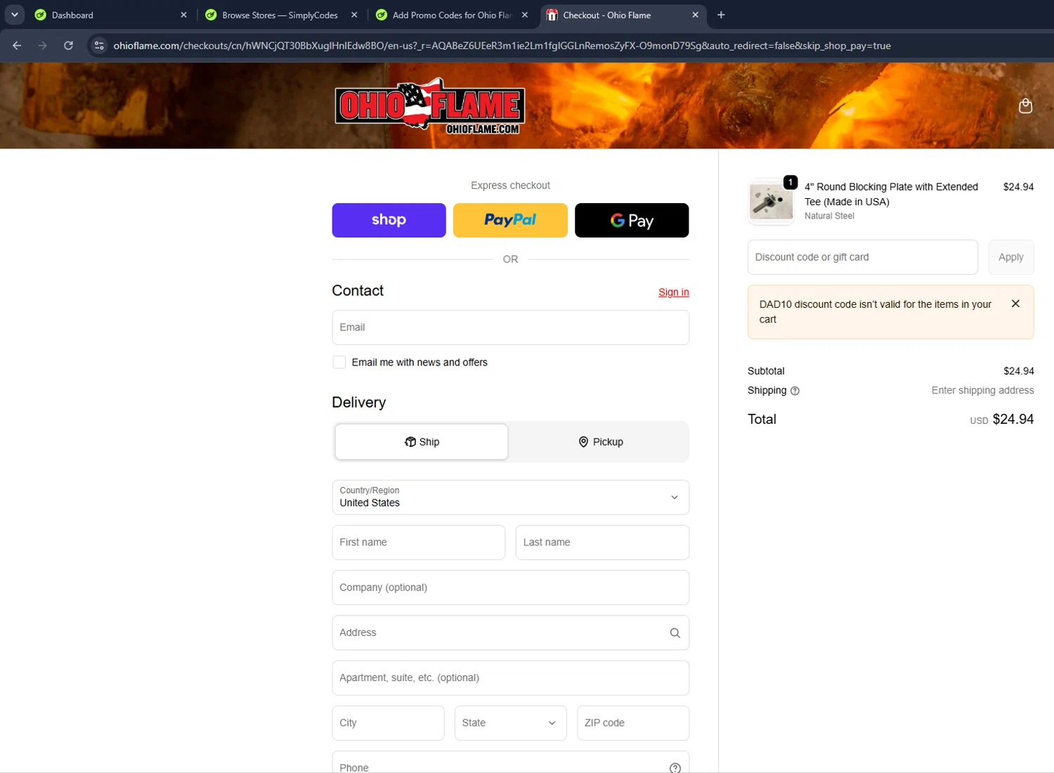 Ohio Flame promo code screenshot showing code DAD10 applied at Ohio Flame checkout page. Uploaded by SimplyCodes community member VictoriousCaptain3902 on Jun 14, 2026