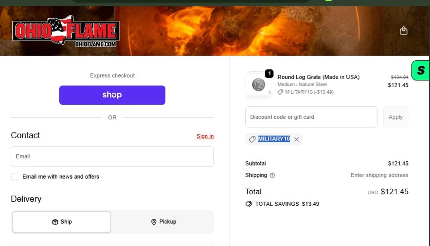 Ohio Flame promo code screenshot showing code MILITARY10 applied at Ohio Flame checkout page. Uploaded by SimplyCodes community member frankrivero on May 29, 2026
