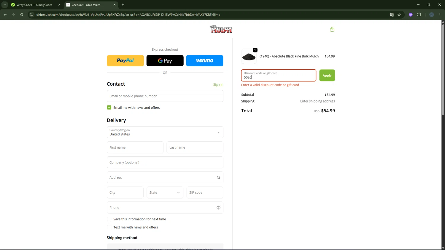 Ohio Mulch promo code screenshot showing code 5026 applied at Ohio Mulch checkout page. Uploaded by SimplyCodes community member CouponAce2971 on Feb 21, 2026