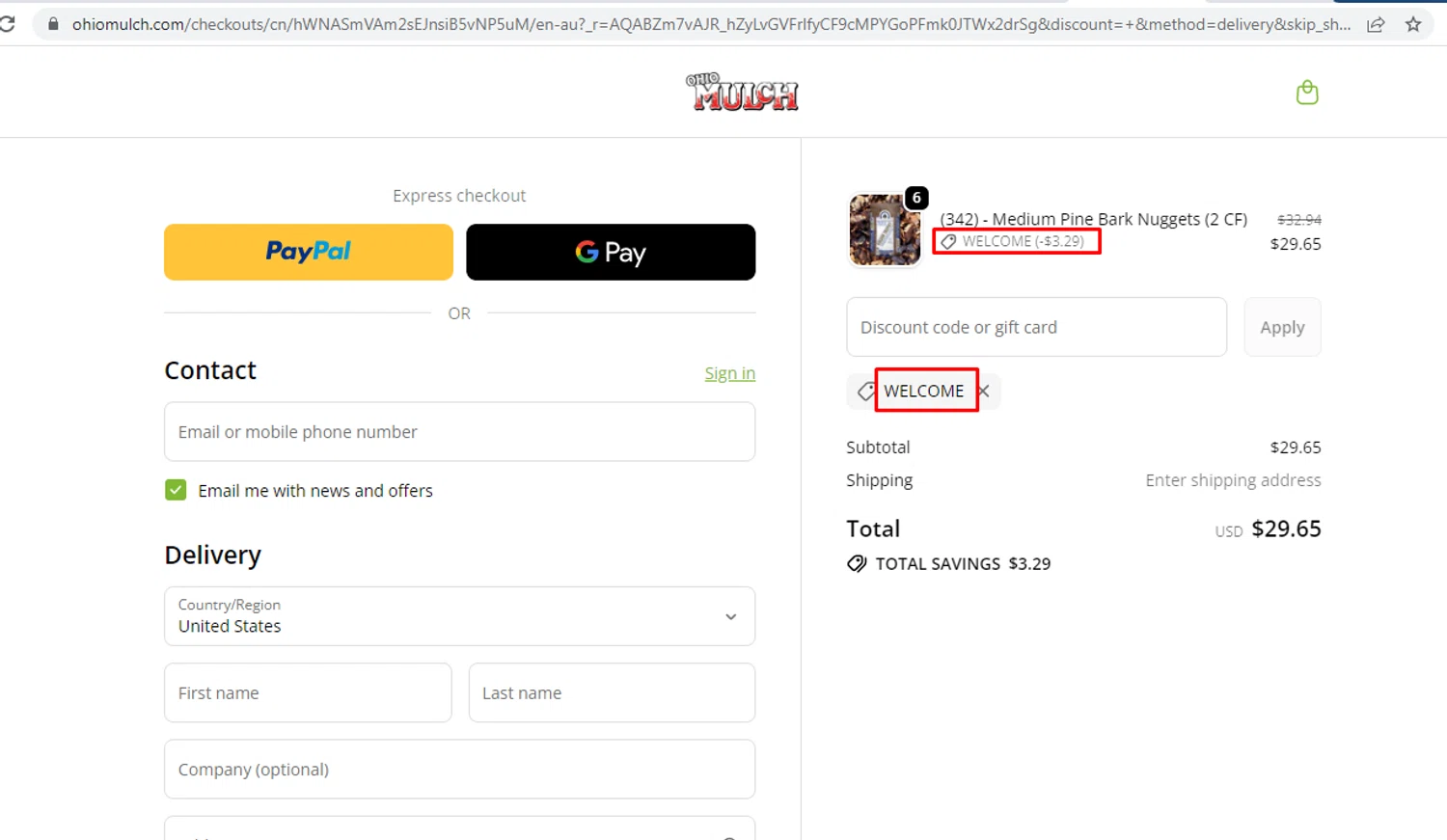 Ohio Mulch promo code screenshot showing code WELCOME applied at Ohio Mulch checkout page. Uploaded by SimplyCodes community member nileskamarcano on Mar 31, 2026