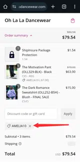 AMELIA10 coupon verification screenshot