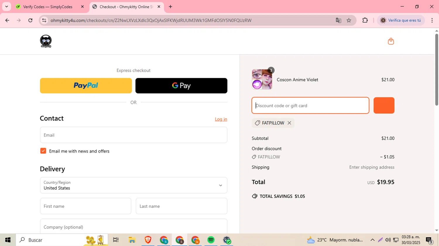Oh My Kitty discount code screenshot showing code FATPILLOW applied at Oh My Kitty checkout page. Uploaded by SimplyCodes community member DiscountDefender1226 on Mar 30, 2025
