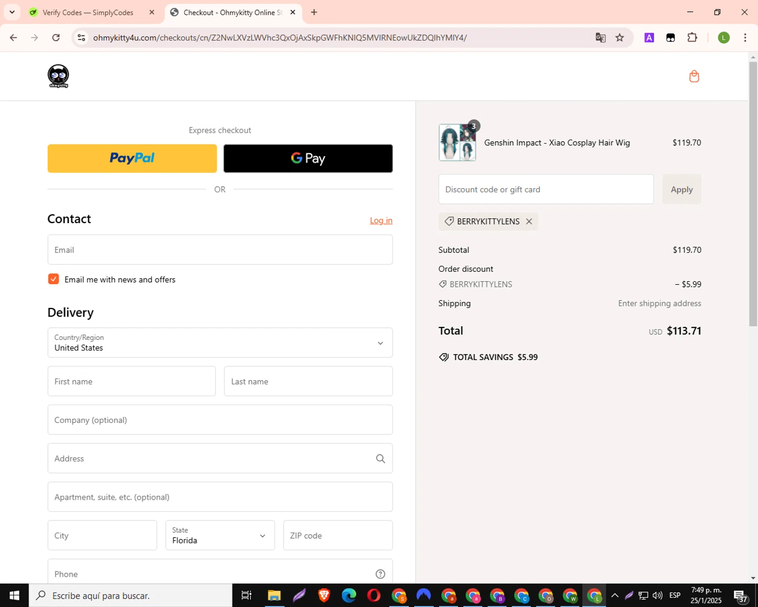 Oh My Kitty discount code screenshot showing code BERRYKITTYLENS applied at Oh My Kitty checkout page. Uploaded by SimplyCodes community member SmartScout7874 on Jan 25, 2025