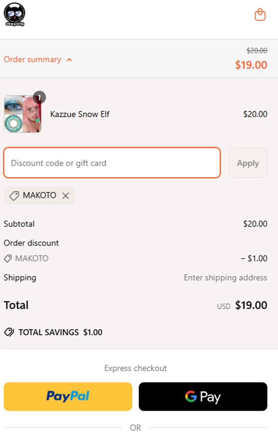 Oh My Kitty discount code screenshot showing code MAKOTO applied at Oh My Kitty checkout page. Uploaded by SimplyCodes community member VayneChambeadora on Apr 8, 2025