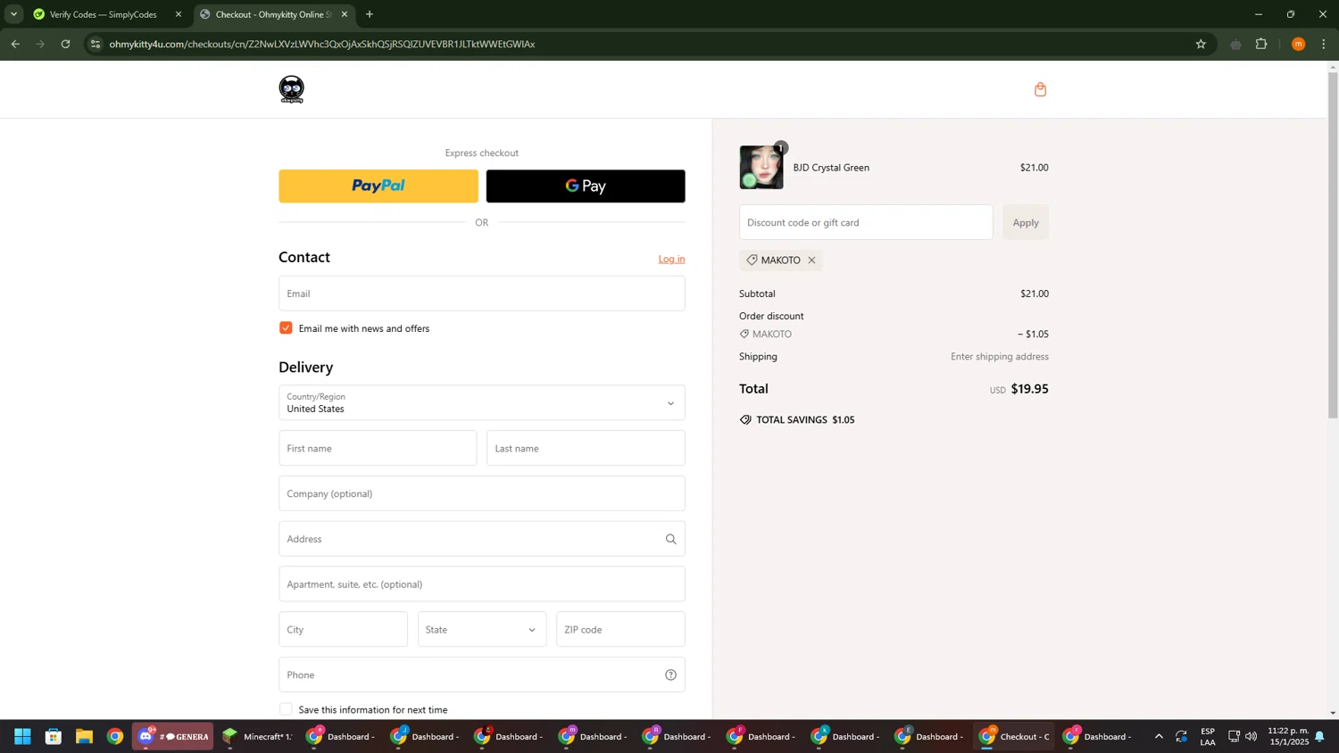 Oh My Kitty discount code screenshot showing code MAKOTO applied at Oh My Kitty checkout page. Uploaded by SimplyCodes community member Davoxeneixe on Jan 16, 2025