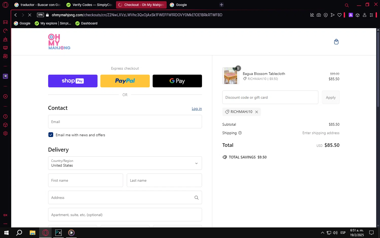 Oh My Mahjong discount code screenshot showing code RICHMAHJ10 applied at Oh My Mahjong checkout page. Uploaded by SimplyCodes community member LuckyVoyager5522 on Feb 19, 2025