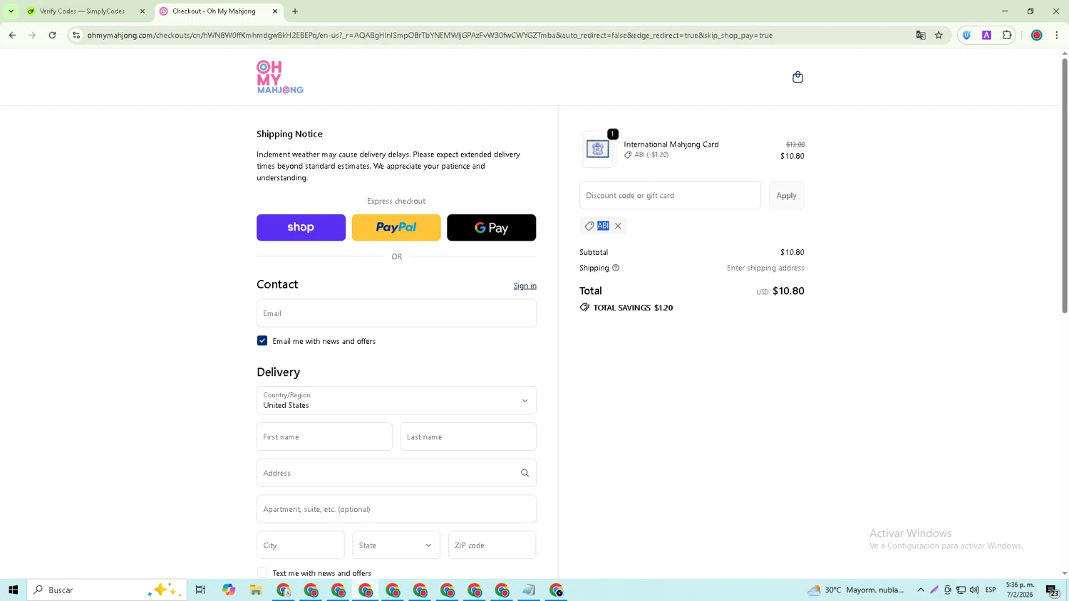 Oh My Mahjong checkout page showing Oh My Mahjong discount code box | Screenshot taken by SimplyCodes community member on Feb 7, 2026