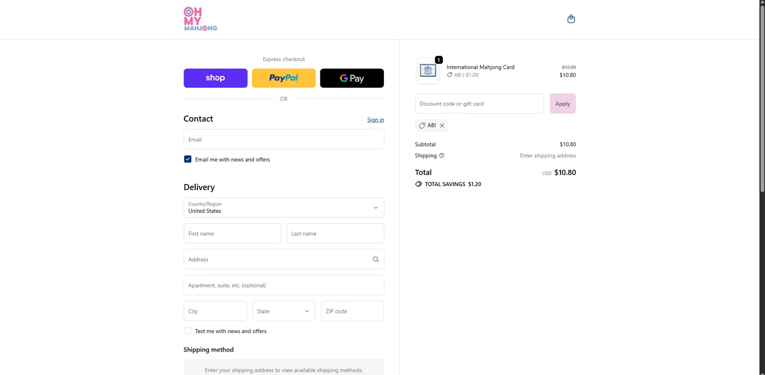 Oh My Mahjong discount code screenshot showing code Abi applied at Oh My Mahjong checkout page. Uploaded by SimplyCodes community member RewardPhoenix3732 on Dec 16, 2025