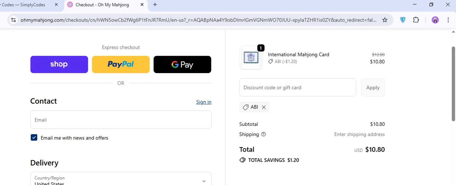 Oh My Mahjong discount code screenshot showing code Abi applied at Oh My Mahjong checkout page. Uploaded by SimplyCodes community member VoucherGuardian4807 on Nov 28, 2025