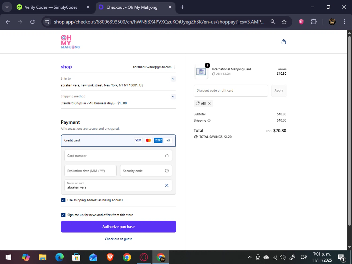 Oh My Mahjong discount code screenshot showing code Abi applied at Oh My Mahjong checkout page. Uploaded by SimplyCodes community member abrahanv on Nov 11, 2025