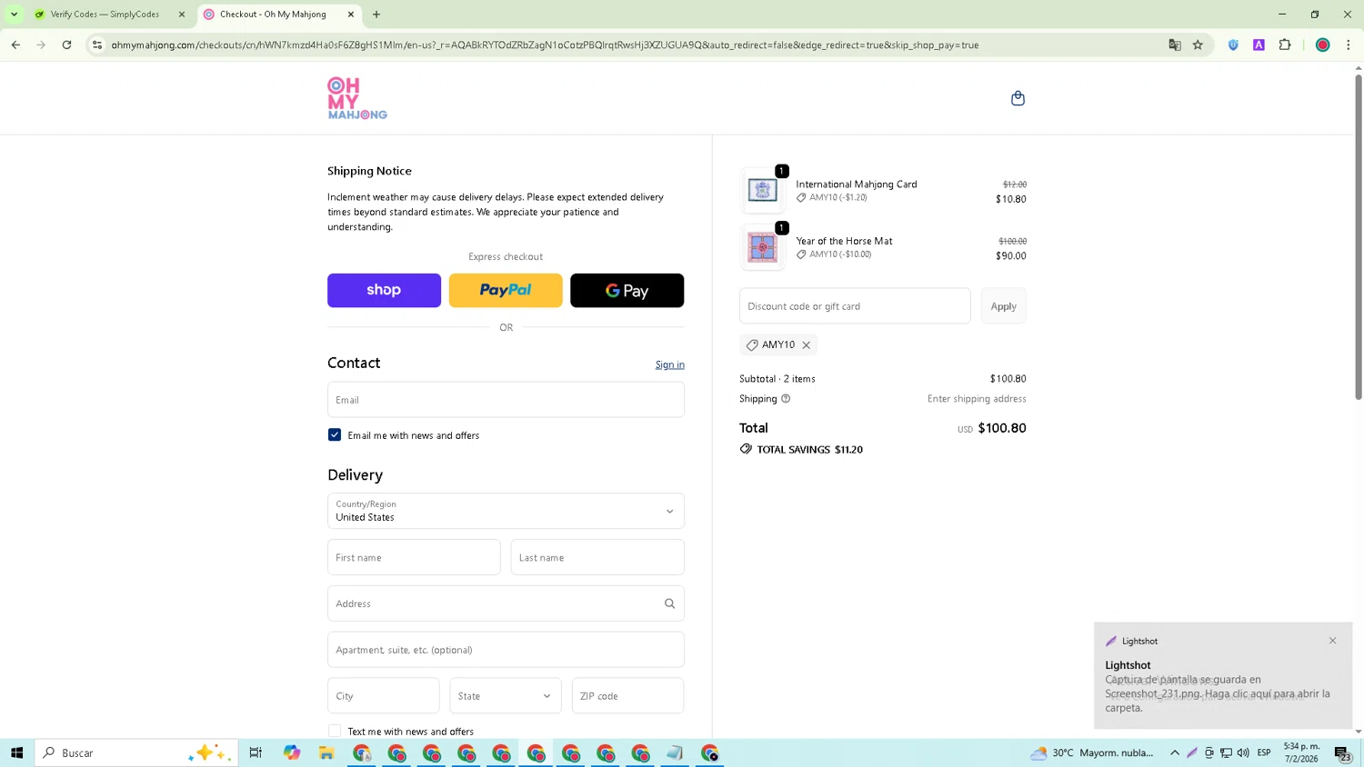 Oh My Mahjong checkout page showing Oh My Mahjong discount code box | Screenshot taken by SimplyCodes community member on Feb 7, 2026